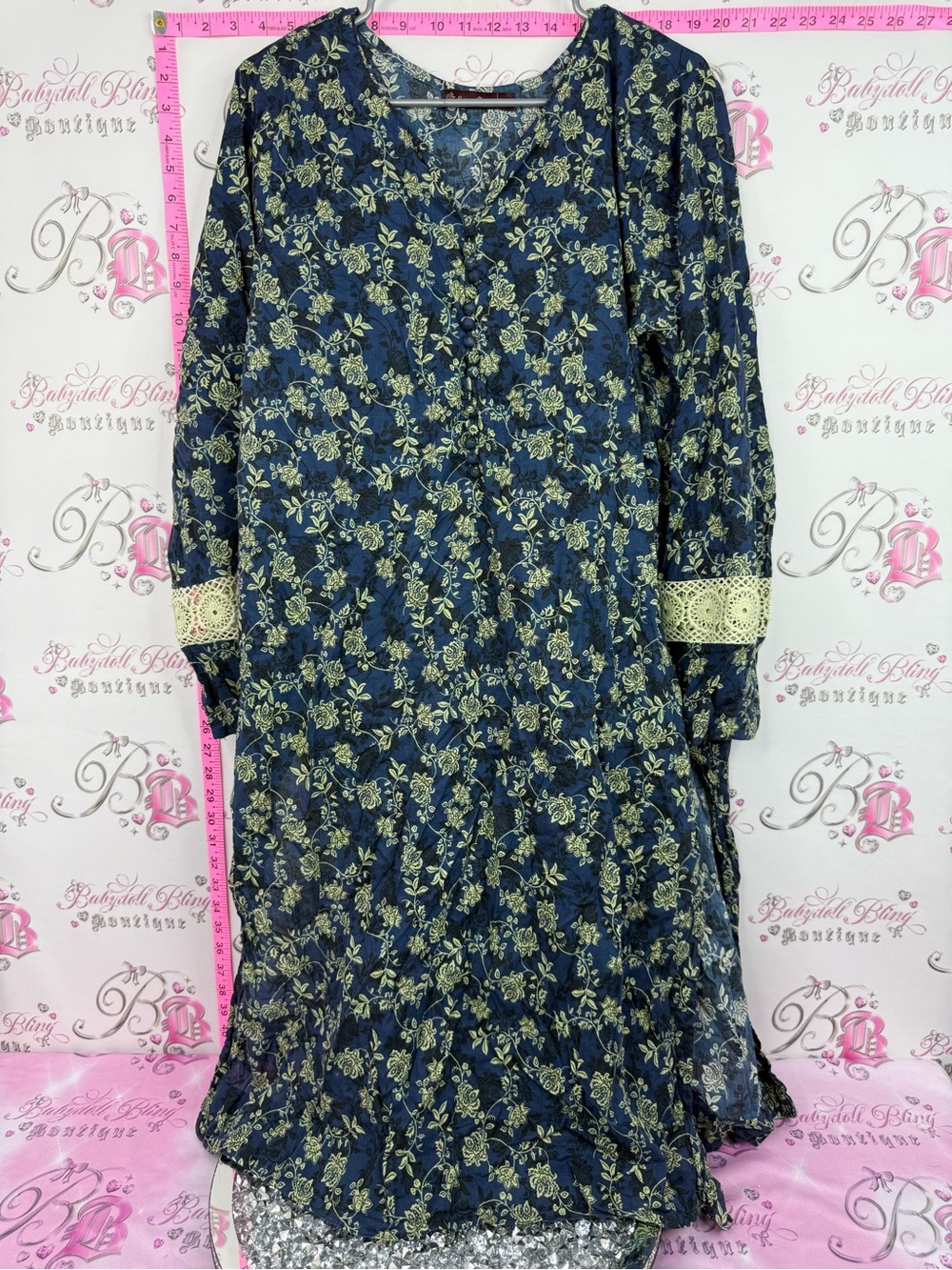 Cultural fusion dress long Floral Lace-Trim Maxi Dress in Navy and Cream